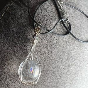 #18 Clear Quartz Mini Sphere w Rainbows & Cloisonné Bead Silvertone Hand Wrapped